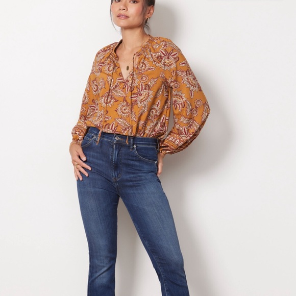 Evereve Britta Border Print Peasant Blouse Yellow Mustard xs New without tags - Picture 3 of 10